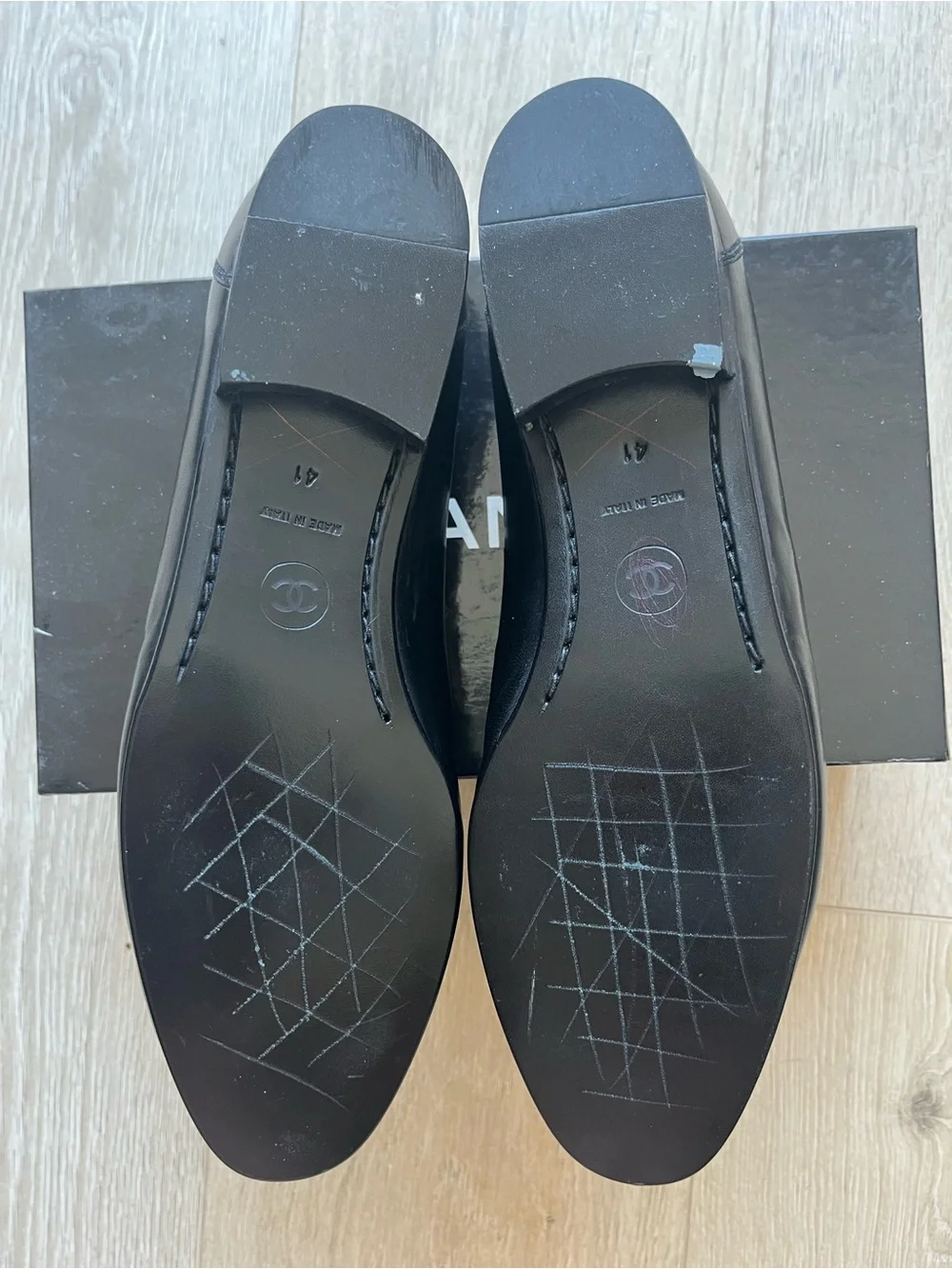 CHANEL Black Leather CC Logo Loafers